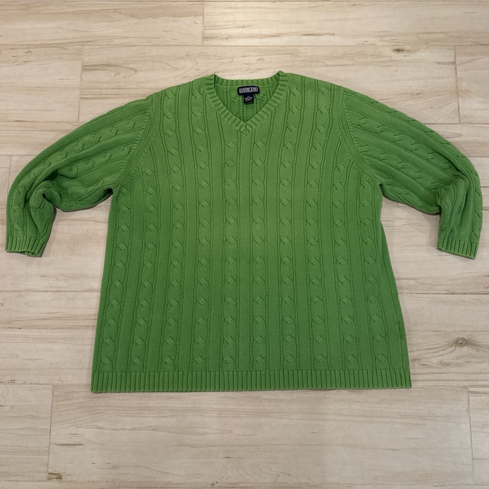 Pea Green 100% Cotton Knit Sweater Classic Lands' End Women's